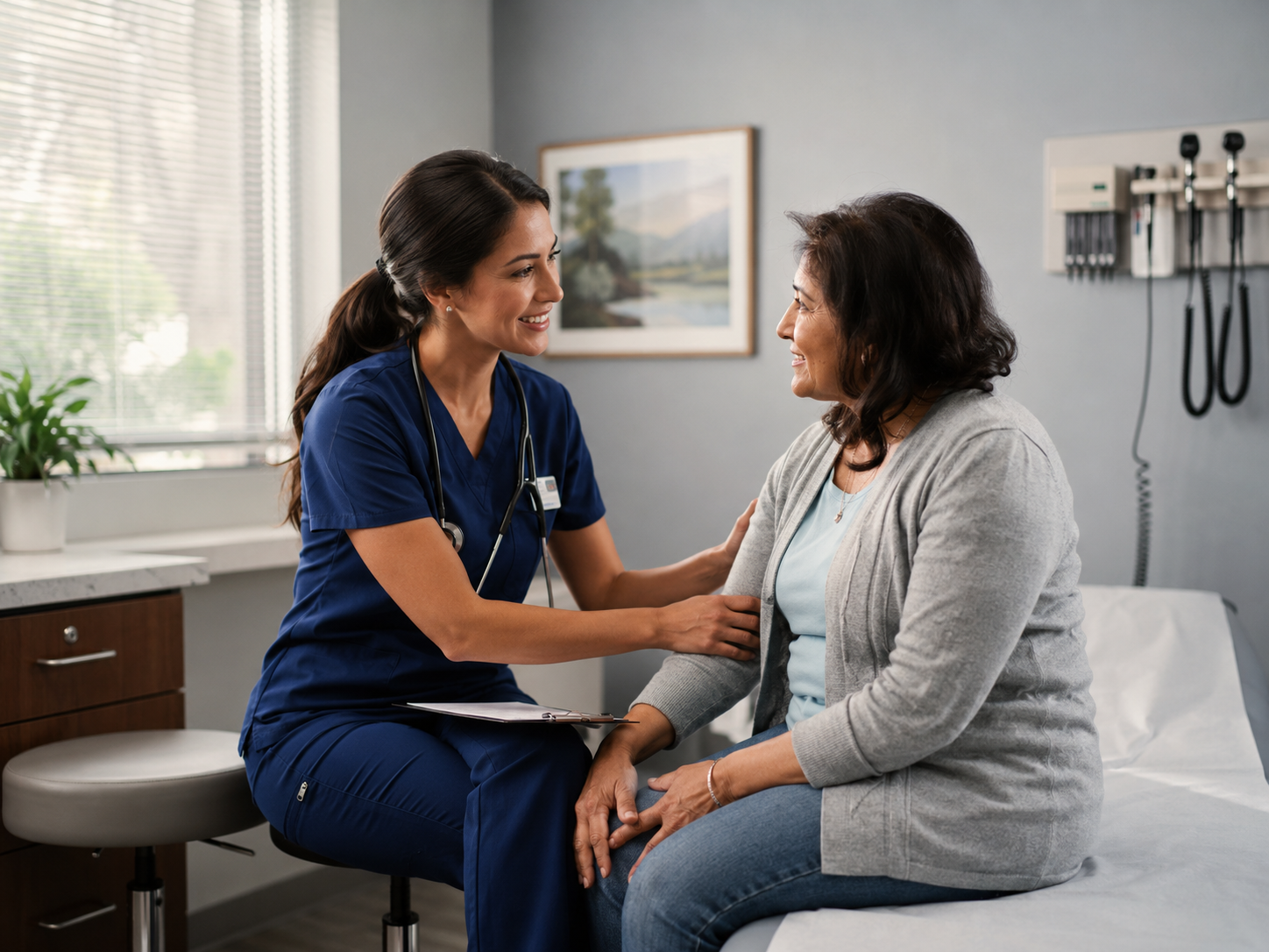 A ReveraMD clinician speaking warmly with a patient during a visit