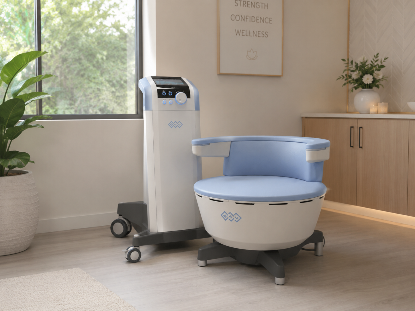 The Emsella non-surgical pelvic wellness chair and console in a calm treatment room